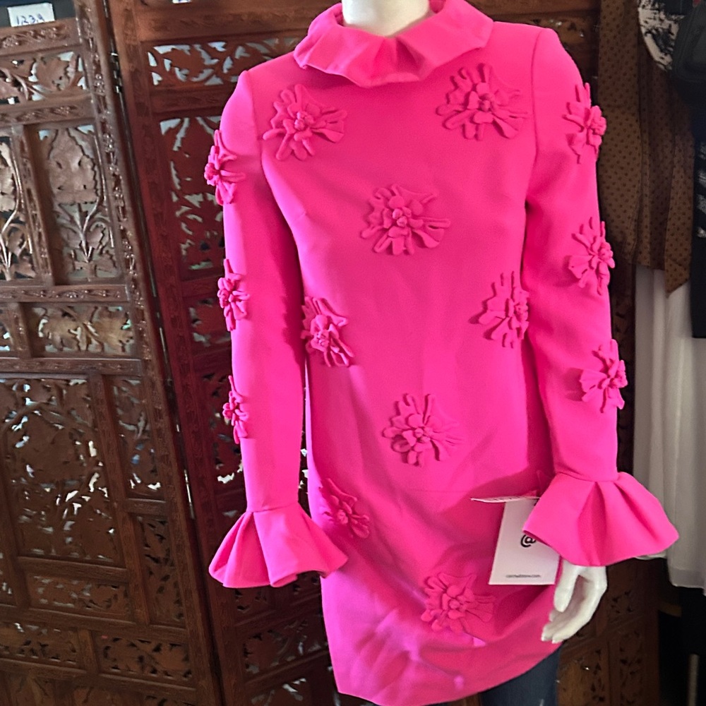 Vibrant Pink Floral Dress with Ruffle Sleeves